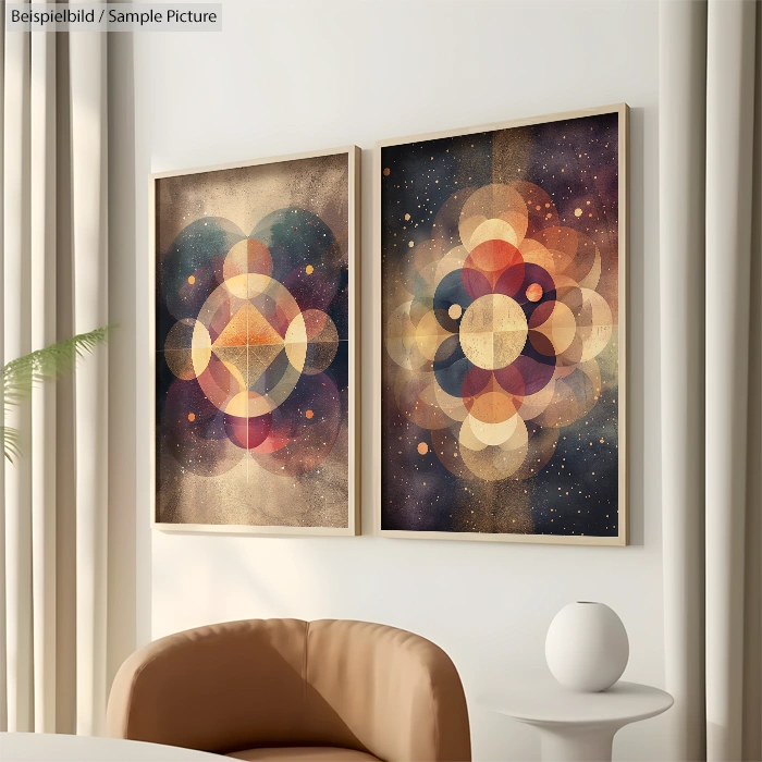 Two geometric abstract art pieces on a wall, featuring overlapping circles and vibrant colors.