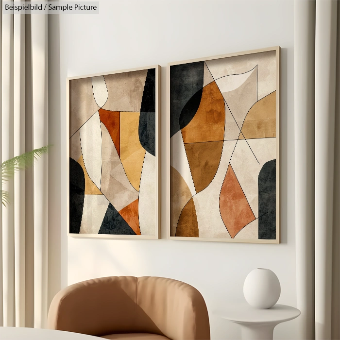 Abstract painting with geometric shapes and earthy tones in a modern interior setting.