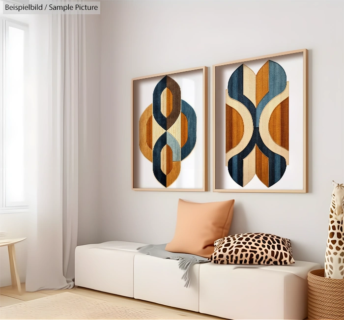 Modern room with geometric abstract art, beige sofa, and patterned pillows.