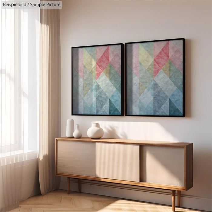 Minimalist interior with geometric art, wooden sideboard, and curtains in a sunlit room.