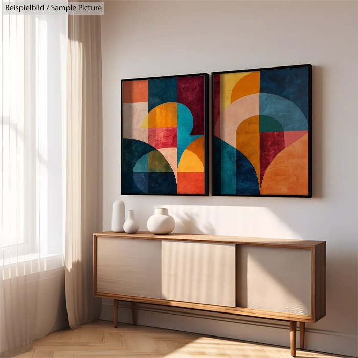 Modern living room with geometric abstract paintings above a wooden sideboard, light streaming through curtains.