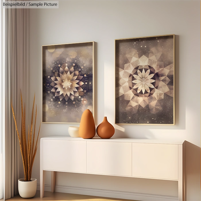 Interior with white console, decorative vases, and two abstract geometric art pieces on wall.