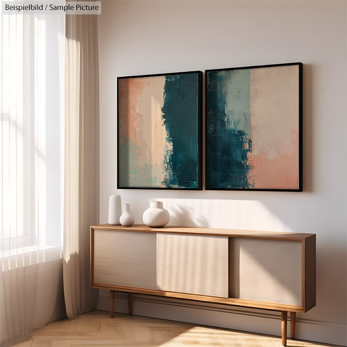 Modern living room with abstract art, wooden sideboard, ceramic vases, and sunlight through curtains.