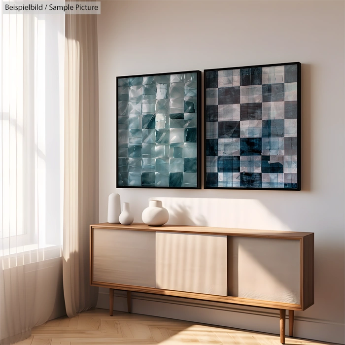 Modern living room with wooden sideboard and abstract art on wall.