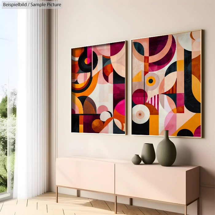 Modern interior with abstract geometric paintings and vases on a minimalist sideboard near a bright window.