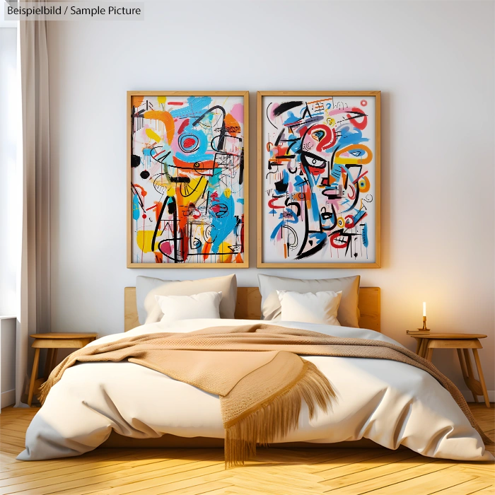 Modern bedroom with colorful abstract art on wall above a neatly made bed with soft lighting.