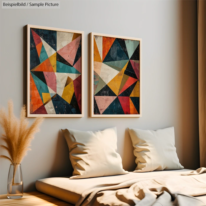 Modern living room with geometric abstract paintings and neutral cushions.