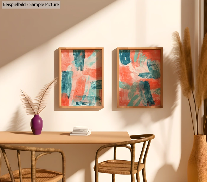 Sunny room with abstract paintings, a wooden table with vase and books, and a chair beside tall grass-like plants.