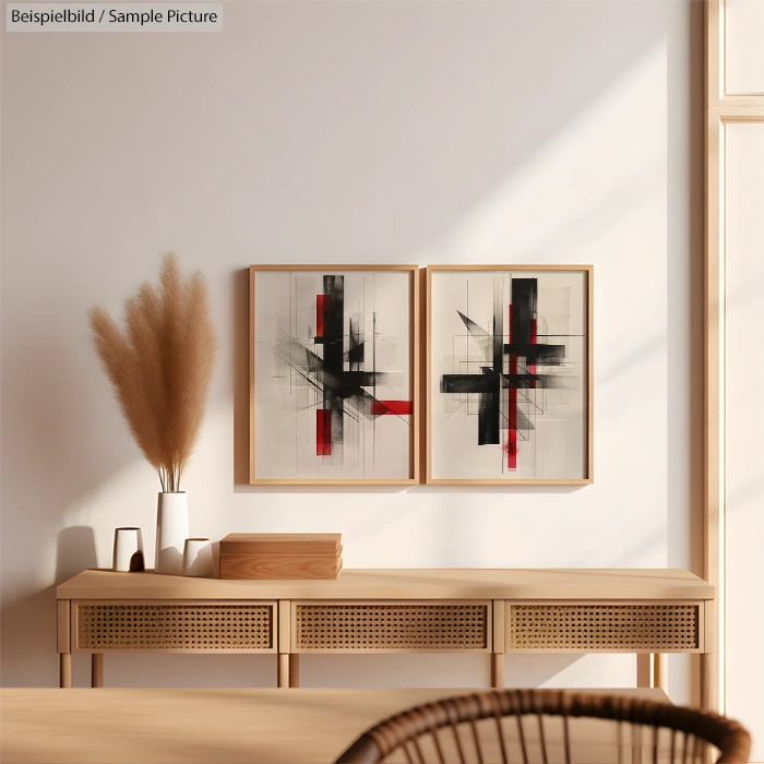 Modern living room with abstract artwork, wooden console, and vase with pampas grass.