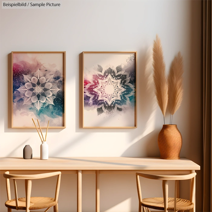 Modern dining area with geometric art, wicker vase, and natural light.