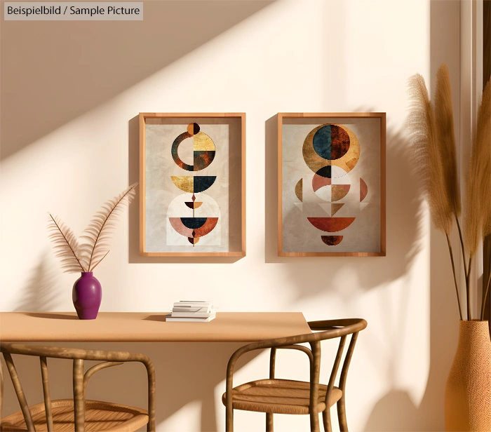 Modern room with abstract geometric art, wicker chairs, and a potted plant under soft natural light.