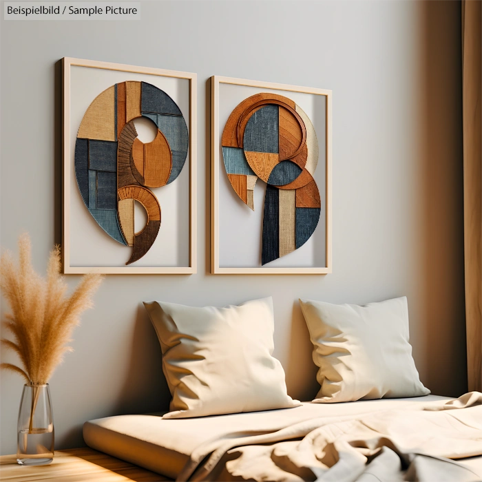 Modern bedroom with abstract wooden art, beige cushions, and pampas grass on a bench.