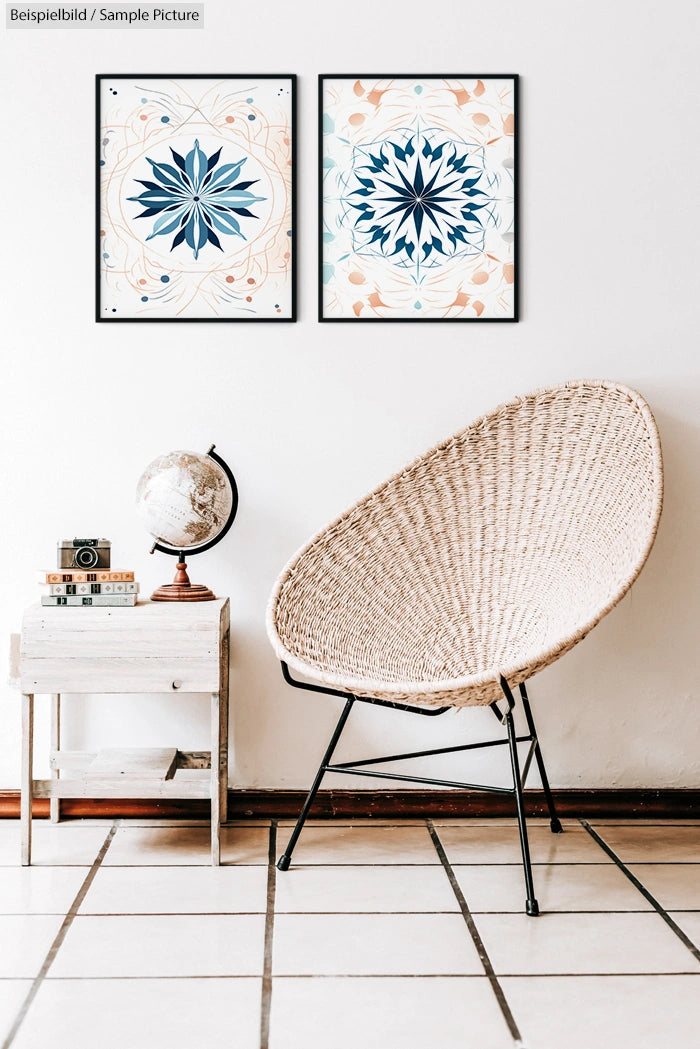 Stylish interior with rattan chair, globe on side table, and two framed geometric artworks on white wall.