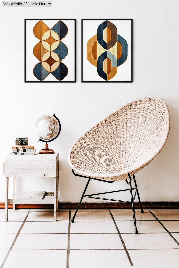 Modern room with woven chair, globe on side table, and geometric art prints on the wall, featuring earth tones.