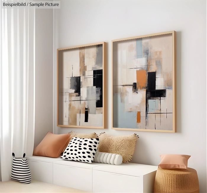 Contemporary room with abstract paintings, pastel cushions, and textured rug.