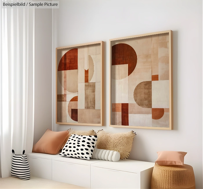 Modern living room with abstract geometric art on wall, neutral tones, and cozy seating with cushions.