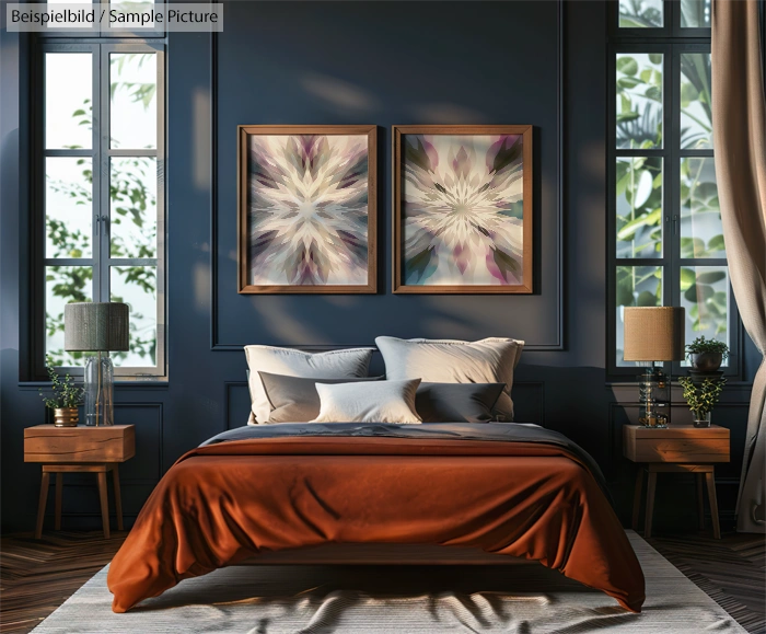 Elegant bedroom with dark blue walls, two abstract paintings, brown accents, and ample natural light from large windows.