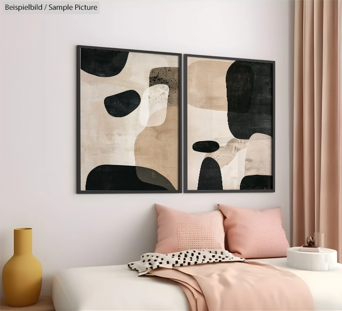 Bedroom with abstract art on wall, featuring black, beige, and white shapes, above a pink pillow-adorned bed.