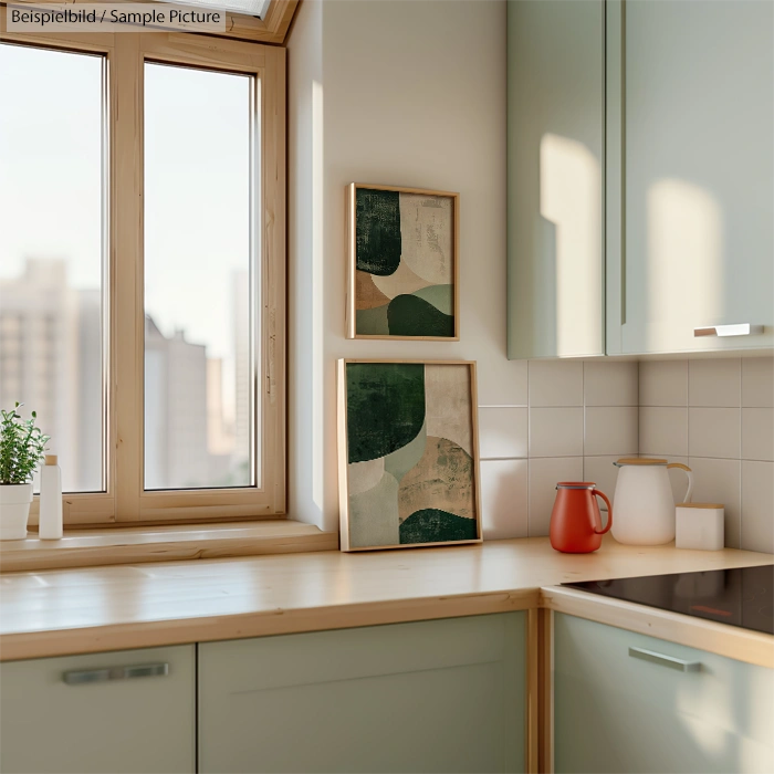 Modern kitchen with green cabinets, wooden counter, abstract paintings, and red kettle near window with city view.