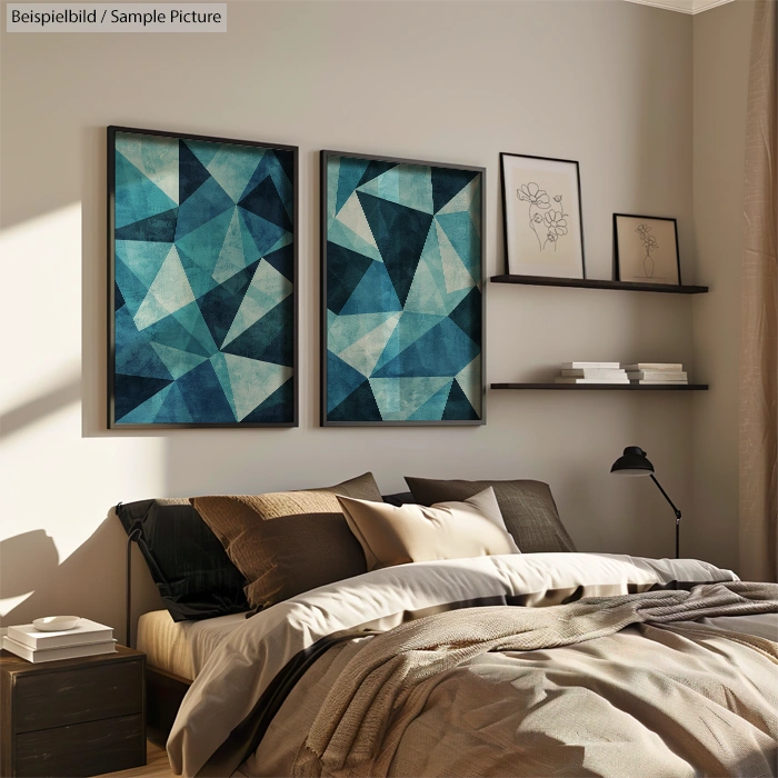 Modern bedroom with geometric art, neutral tones, and decorative shelves above bed.