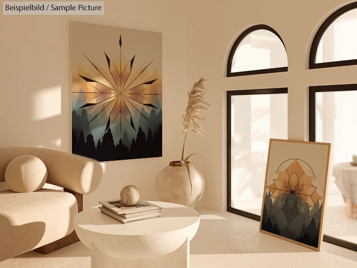 Cozy room with modern art, arched windows, and earthy decor elements bathed in warm sunlight.