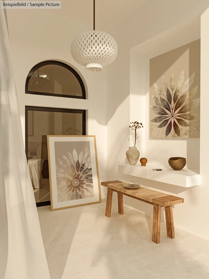 Minimalist room with art, wooden bench, decorative vase, and overhead light, featuring leaf-themed artwork.