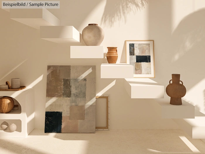 Abstract paintings and pottery on white shelves with sunlight creating shadows on a beige wall.