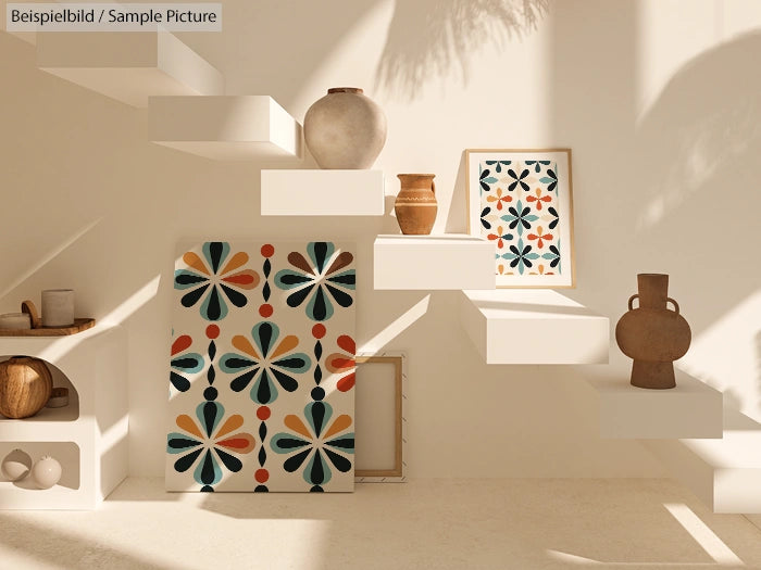 Modern interior with abstract artwork, vases, and geometric wall shelves in a sunlit room.