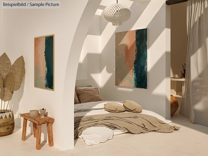 Cozy bedroom with neutral tones, archway, abstract art, and potted plants; sunlight filters through a window.