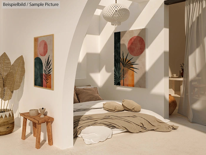 Sunlit modern bedroom with wall art, arched doorway, and neutral decor accents on a bed and wooden bench.