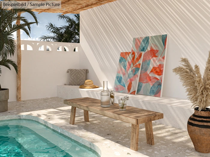 Sunny patio with pool, a wooden bench, colorful leaf paintings, and potted plants casting shadows on white walls.