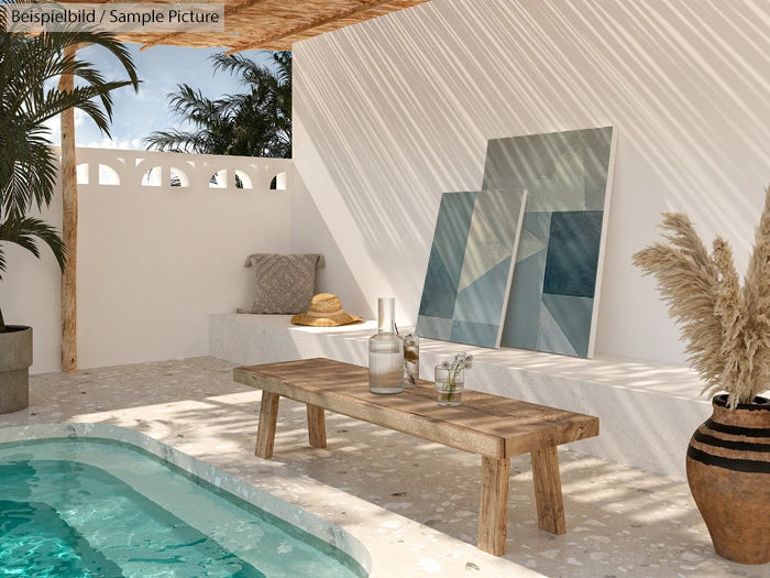 Modern patio with pool, wooden bench, geometric artworks, and potted plants under sunlight.