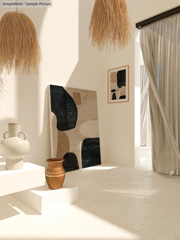 Minimalist interior with abstract art, pottery, and natural fiber pendant lights, bathed in soft, natural light.