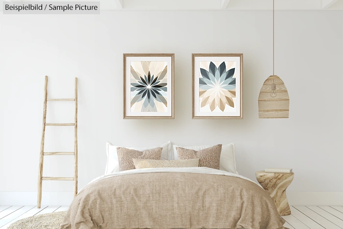 Minimalist bedroom with neutral decor, featuring a bed, ladder, and abstract floral artwork on the wall.