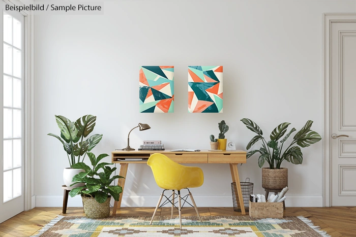 Modern home office with wooden desk, yellow chair, abstract art, plants, and a patterned rug.