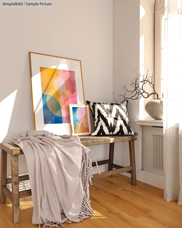 Cozy room corner with wooden bench, abstract art prints, black and white cushion, and a soft beige throw.