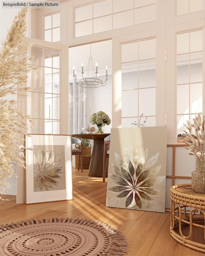 Modern living room with floral art, pampas grass, wooden floors, and chandelier reflecting sunlight in a cozy setting.