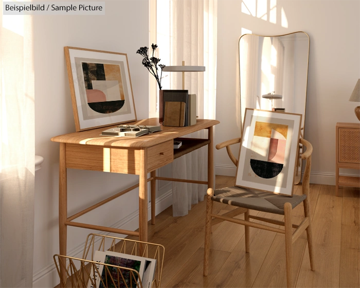 Cozy room with wooden furniture, abstract art, a floor mirror, and natural sunlight streaming through a window.