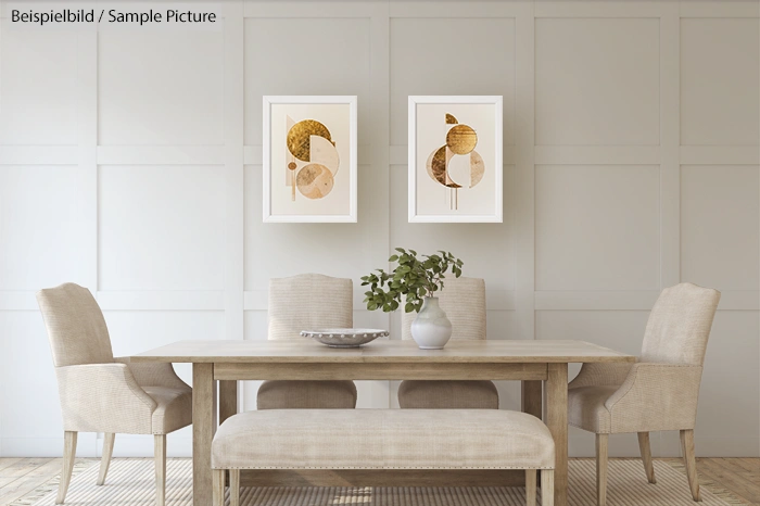 Neutral-toned dining room with a table, four chairs, bench seating, and abstract art on the wall.