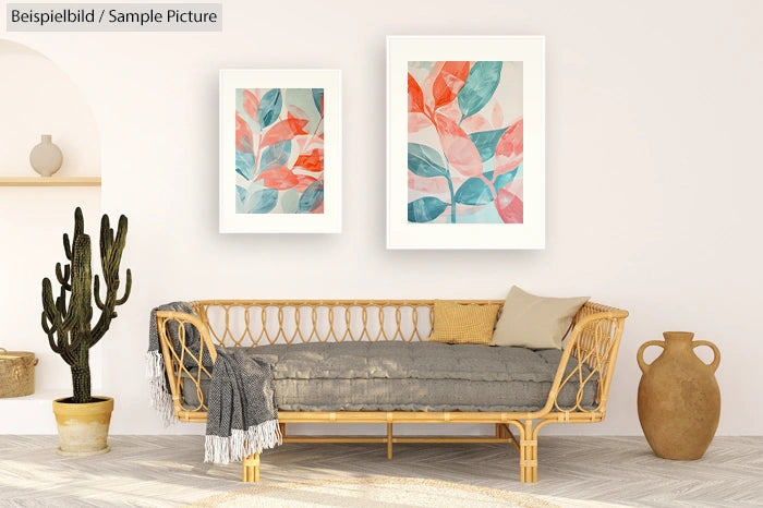 Stylish living room with rattan sofa, cactus, and colorful abstract leaf artwork on beige wall.