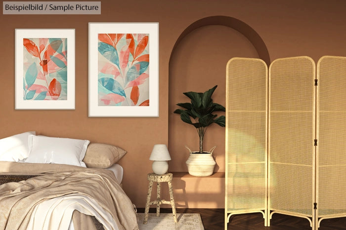 Cozy bedroom with abstract leaf art, rattan divider, and minimalist decor in warm earth tones.