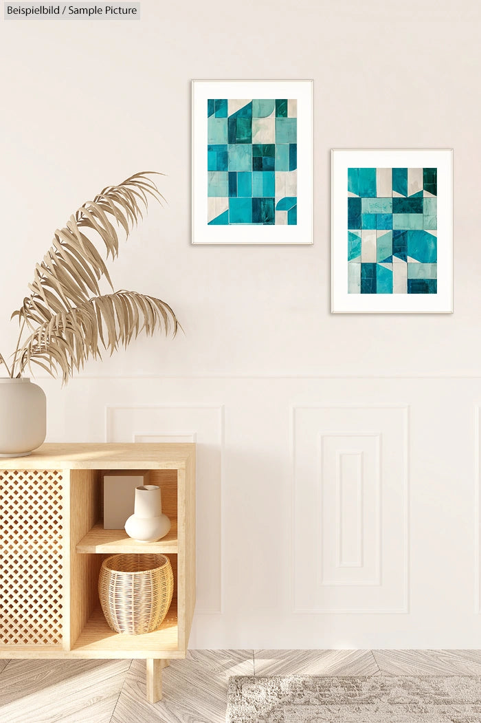 Minimalist room with two abstract teal artworks on a white wall, a beige cabinet, and a potted plant.