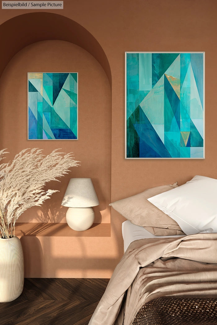 Modern bedroom with abstract turquoise paintings on brown walls, beige bedding, and decorative vase with pampas grass.