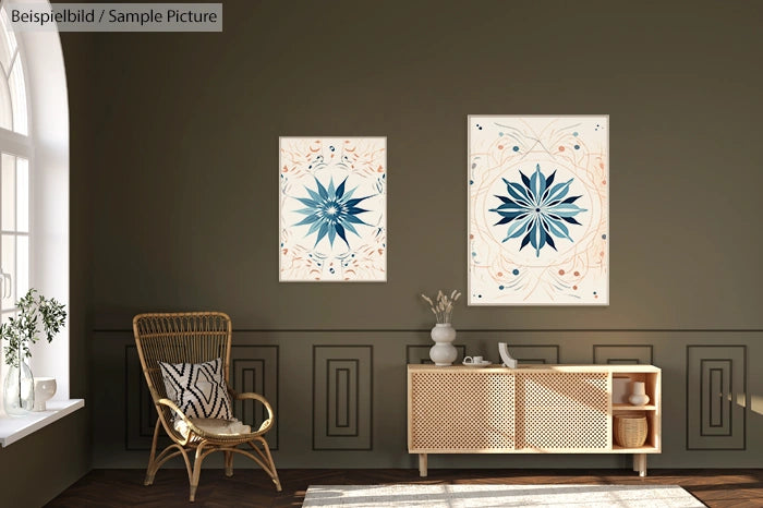 Modern living room with decorative wall art, wicker chair, and a light wood console table.