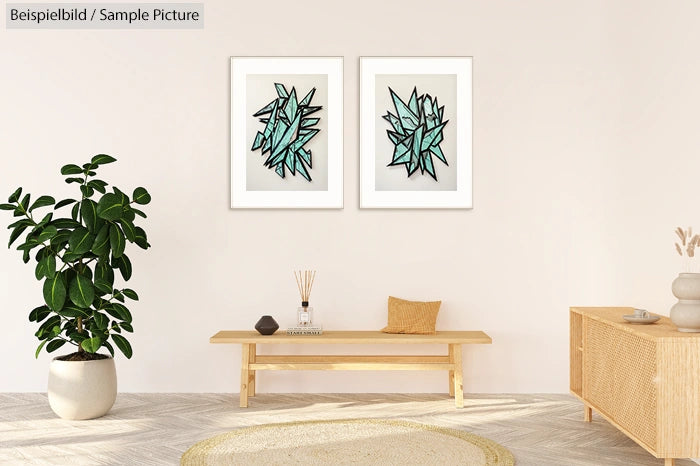 Minimalist room with art on wall, wooden bench, plant, and rug.