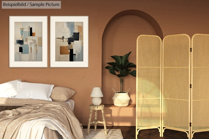 Cozy bedroom with abstract art, a potted plant, wicker room divider, and beige bedding in natural light.