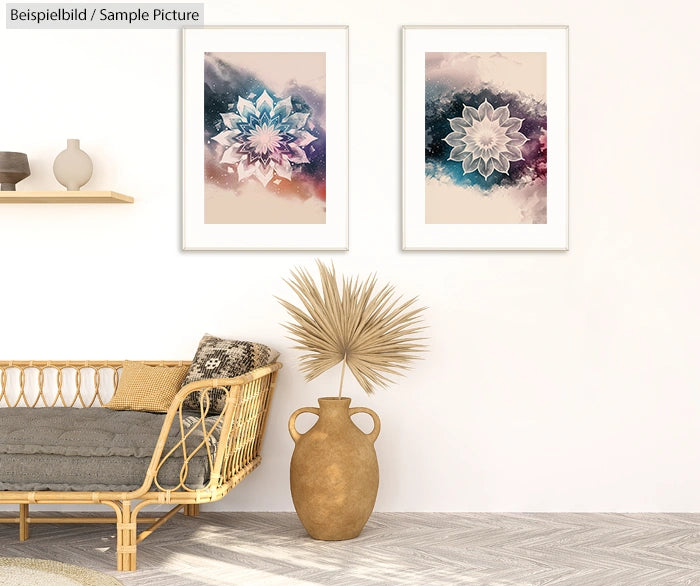 Cozy living room with rattan chair, decorative vase, and two abstract flower art pieces on the wall.