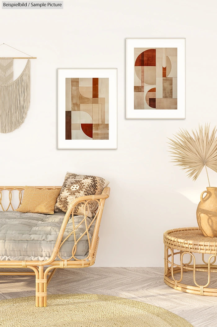 Stylish room with geometric art, wicker furniture, vase with dried leaves, and neutral tones for a cozy atmosphere.