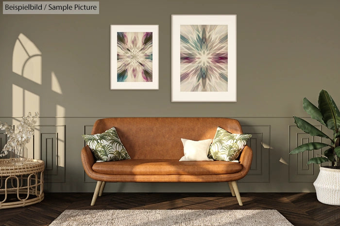 Modern living room with brown leather sofa, green plants, and abstract art on wall.