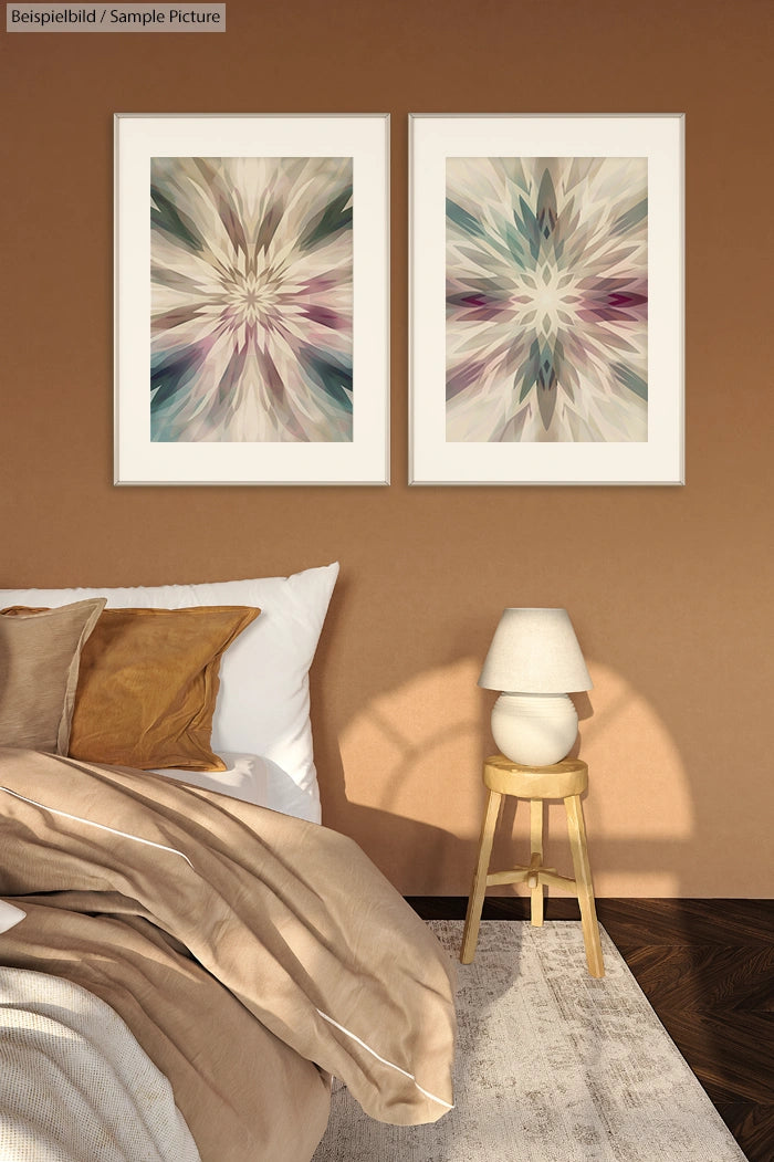 Bedroom with beige tones, featuring abstract art on wall, a beige bedspread, and a small wooden lamp table.